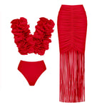 2025 Solid Red Flower Bikini Swimsuit Luxury Women Swimwear Sexy Swim Suit Deep V Monokini Off Shoulder Bodysuit Bathingsuit