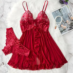 Blue Contrast Lace Ruffle Trim Lingerie Set Women's Nightdress See Through Deep V Mini Dress and Thong Nightgowns Underwear