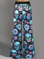 Hallowmas Skull Flower Print Pants Woman 2025 Plus Size Elastic Waist Wide Leg Pant Casual Large Full-length Trousers