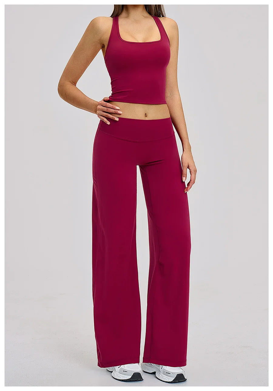 2 Piece Yoga Clothes Women Tracksuit Athletic Wear Pilates Fitness Suit Gym Workout Sets Push Up Sports Vest Wide Leg Pant Suit