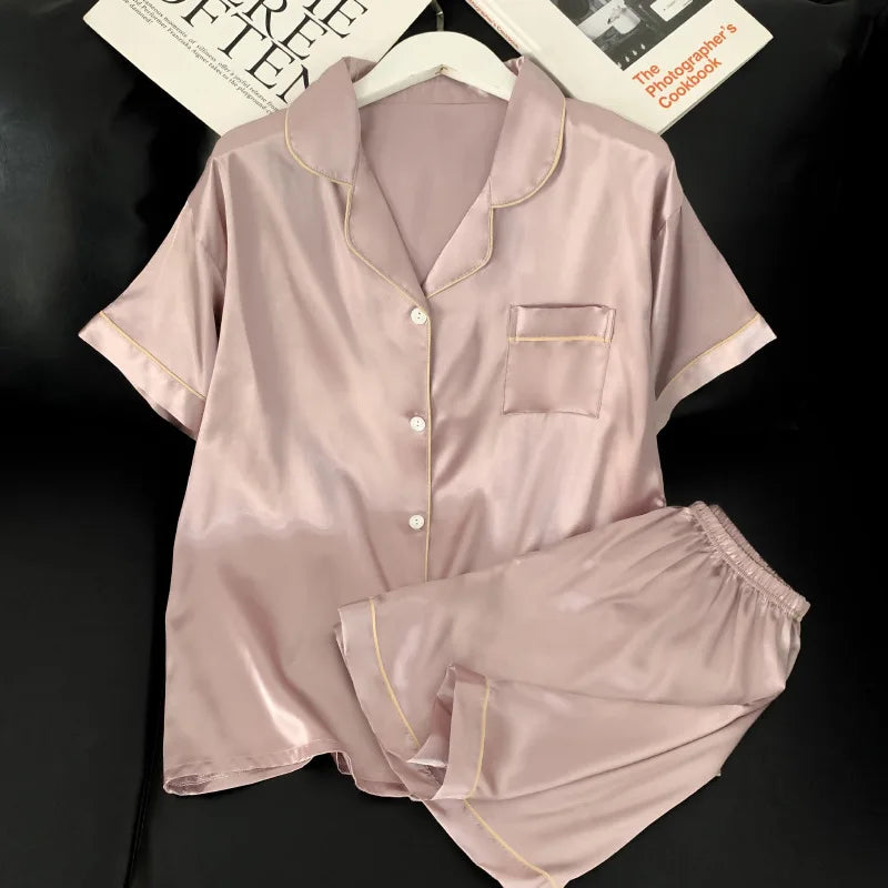 Sweet Simple Ice Silk Pajamas for WomenThin Short-sleeved Home Clothes Suit Nightwear Women's Pajamas Set Nightie Summer