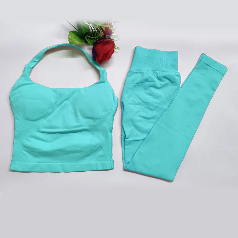 Women's Halter Top And Sports Leggings Gym Workout Set Two-Piece Pilates Clothes Yoga Outfits Impact Fitness Pants Set
