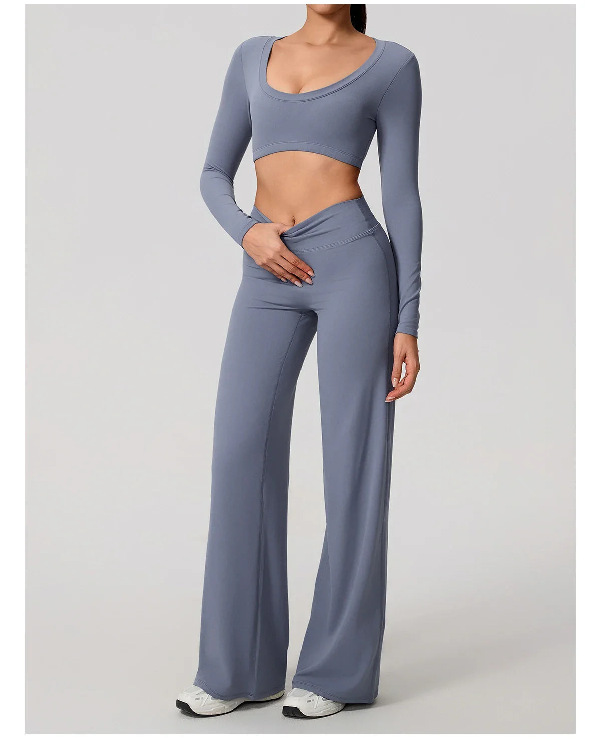 Hearuisavy Sports Set 2Pcs Women'sLong Sleeve Backless Fitted Fitness Top Push Up Pilates Yoga Top Wide Leg Straight Leg Pants