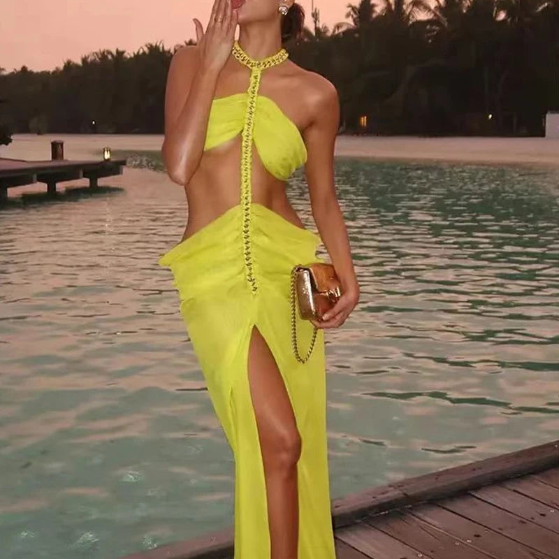 2025 women's backless sexy beach vacation dress with suspender collar pleated metal chain, new elegant vacation dress design