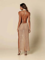 Sexy Slim Low-cut Tie Knit Halter Cut Out Circle Decoration High Slit Beach Maxi Dress 2026 Women Summer Swimsuit Cover Up K88