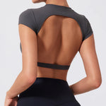Hearuisavy Summer Sports Shirts Workout Tops Fitness Activewear Quick-Dry Yoga Clothes Sport Crop Tops Backless Gym Top Women