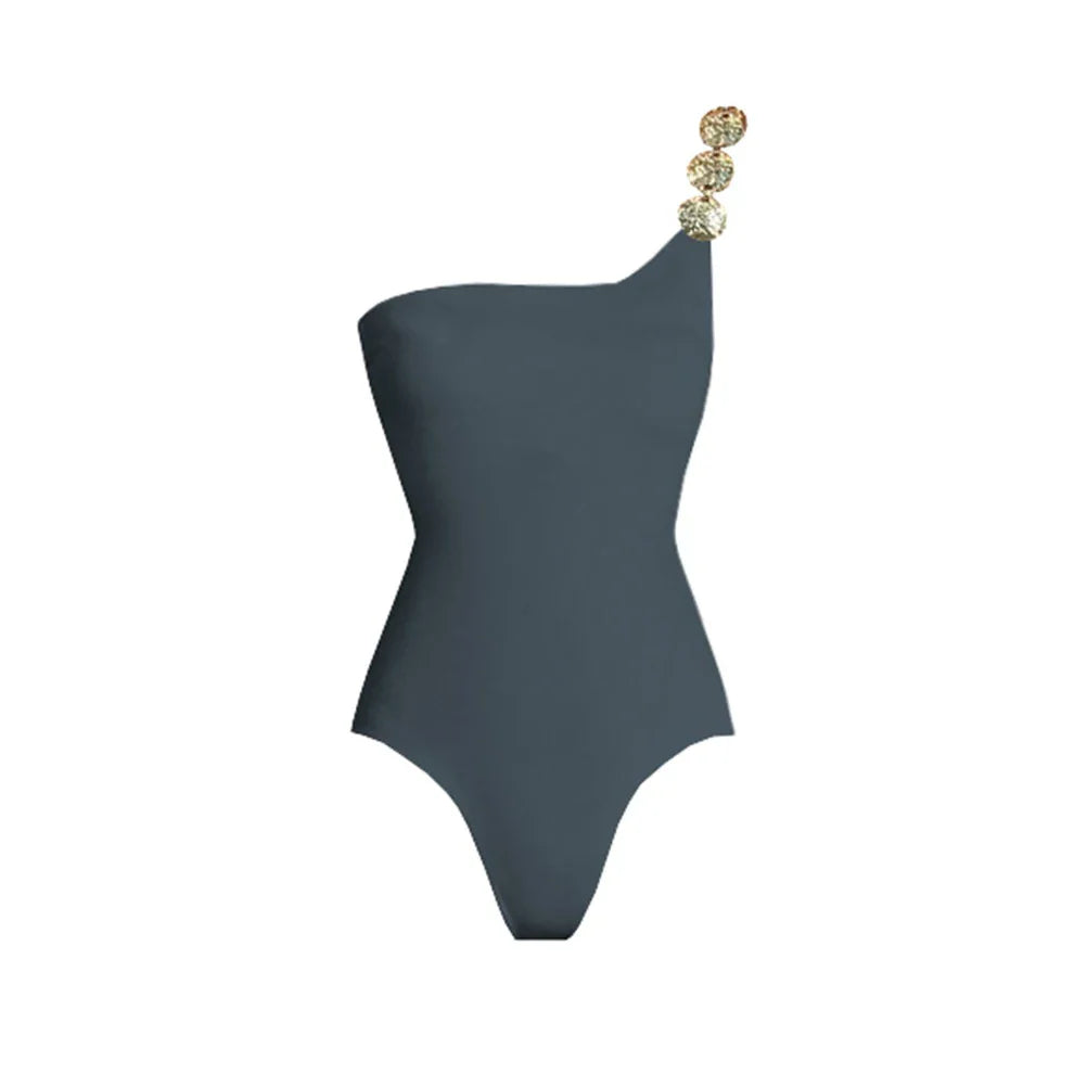 Deep V Neck Swimsuit With Cover Up Sexy Women Swimwear One Shoulder Bikini Female Belt Swimming Suit Shiny Bodysuit Beachwear