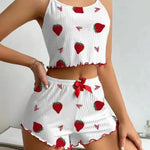 Women's Strawberry Print Ribbed Knit Ice Silk Camisole Pajama Set Comfortable Two-Piece Sleepwear for Summer