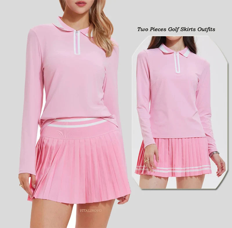 VITALINOVO Tennis Skirt Sets for Women Zipper Color Block Shirts High Waisted Golf Polo Two Piece Skirt Set Women 2 Piece Outfit
