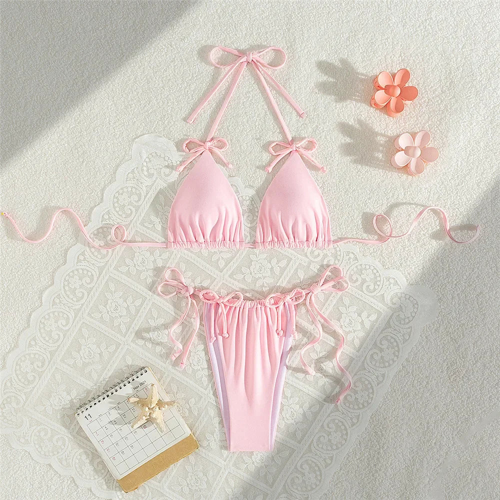 Pink Bow Swimwear String Halter Triangle Micro Bikini Thong Sexy Swimsuit Women Lace-up Wrinkled Bathing Suit Mini Bikinis Sets