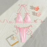 Pink Bow Swimwear String Halter Triangle Micro Bikini Thong Sexy Swimsuit Women Lace-up Wrinkled Bathing Suit Mini Bikinis Sets