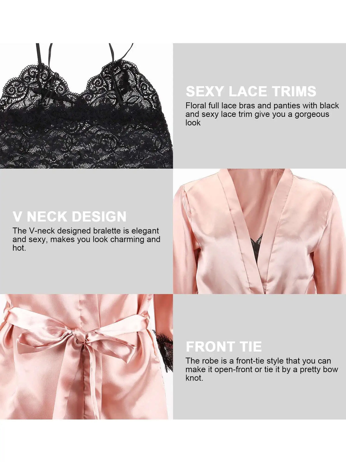 Women's Sexy Satin Lace Lingerie Set – Soft Pink Nightwear with Robe, Bralette, Shorts & Panty for Sweet Girly