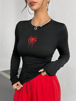 Women Spider Print Round Neck Long Sleeve Crop Tee Top Autumn Winter Spring Y2K Clothes Slim fit T-shirt