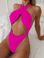Sexy Black Red One Piece Swimsuit Women Halter Cross Hollow Out Bikini 2025 Beach Bathing Suit Backless Bandage Thong Swimwear