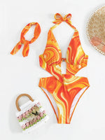 Orange Tie Dye Gradient One Piece Swimsuit 2025 Women Hollow Out Underwire Backless Monokini Beach Bathing Suit Band Swimwear