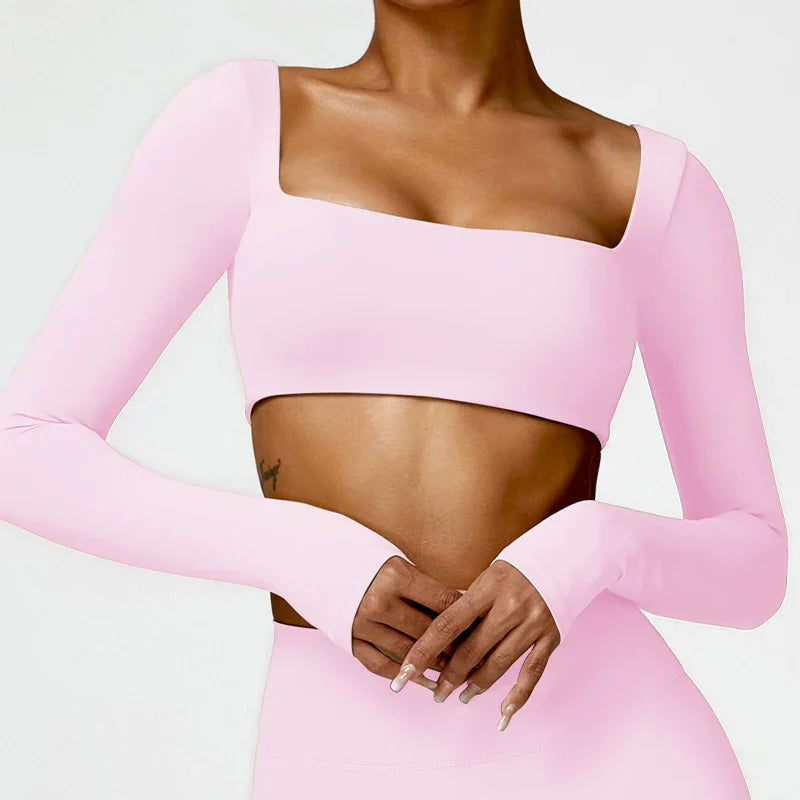 Hearuisavy Summer Casual Quick Dry Sportswear Women Square Neck Gym Top Women Fitness Sports Crop Top Long Sleeve Yoga Clothing