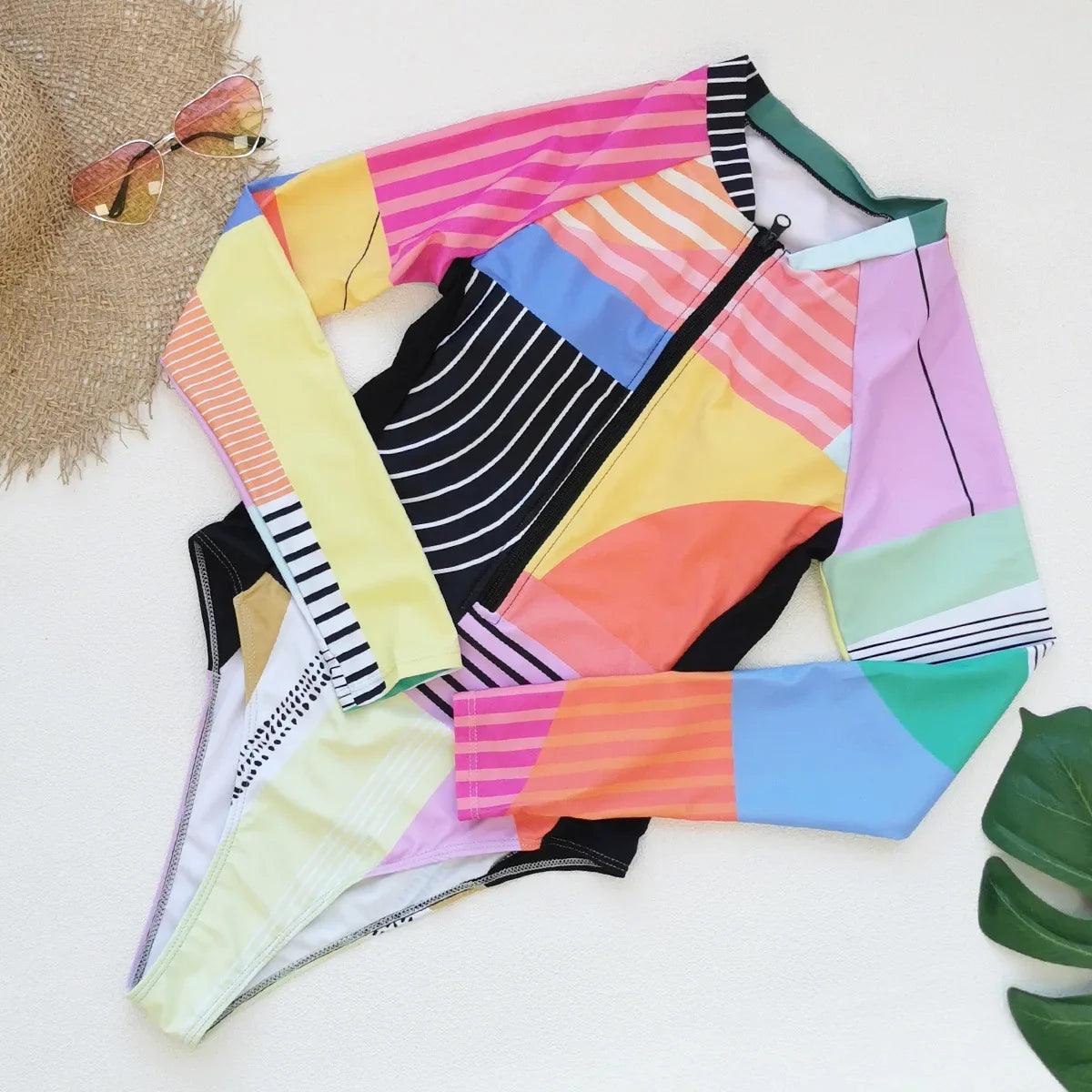2026 Patchwork One Piece Swimsuit Long Sleeve Swimwear Women Bathing Suit Retro Sport Swimsuit One Piece Surfing Swim Wear