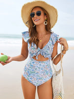 Vintage Blue Floral Print One Piece Swimsuit Skirt Sets Women Front Bow Ruffles Hollow Tummy Control Bathing Suit Swimwear 2026