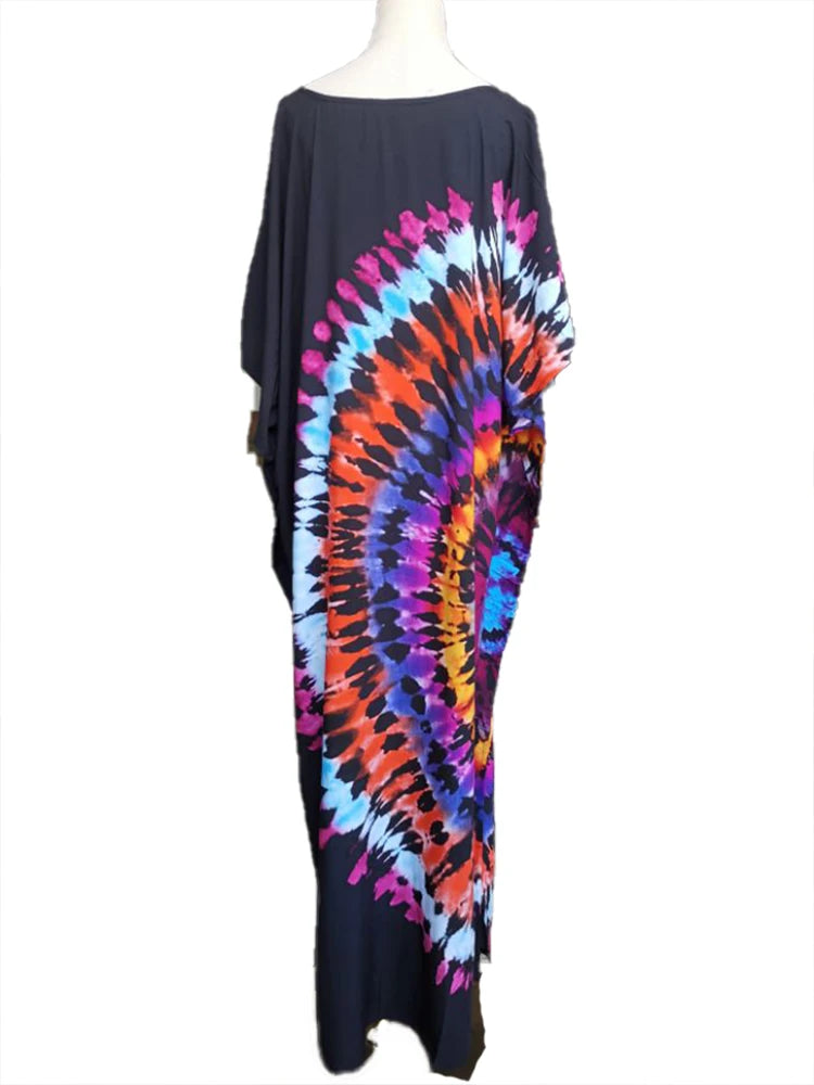 2025 Loose Boho Style Maxi Dress Print Face Swim Suit Cover-up Bohemian Dress Robe Plage Kaftan Maxi Dress Beach Wear Tunics