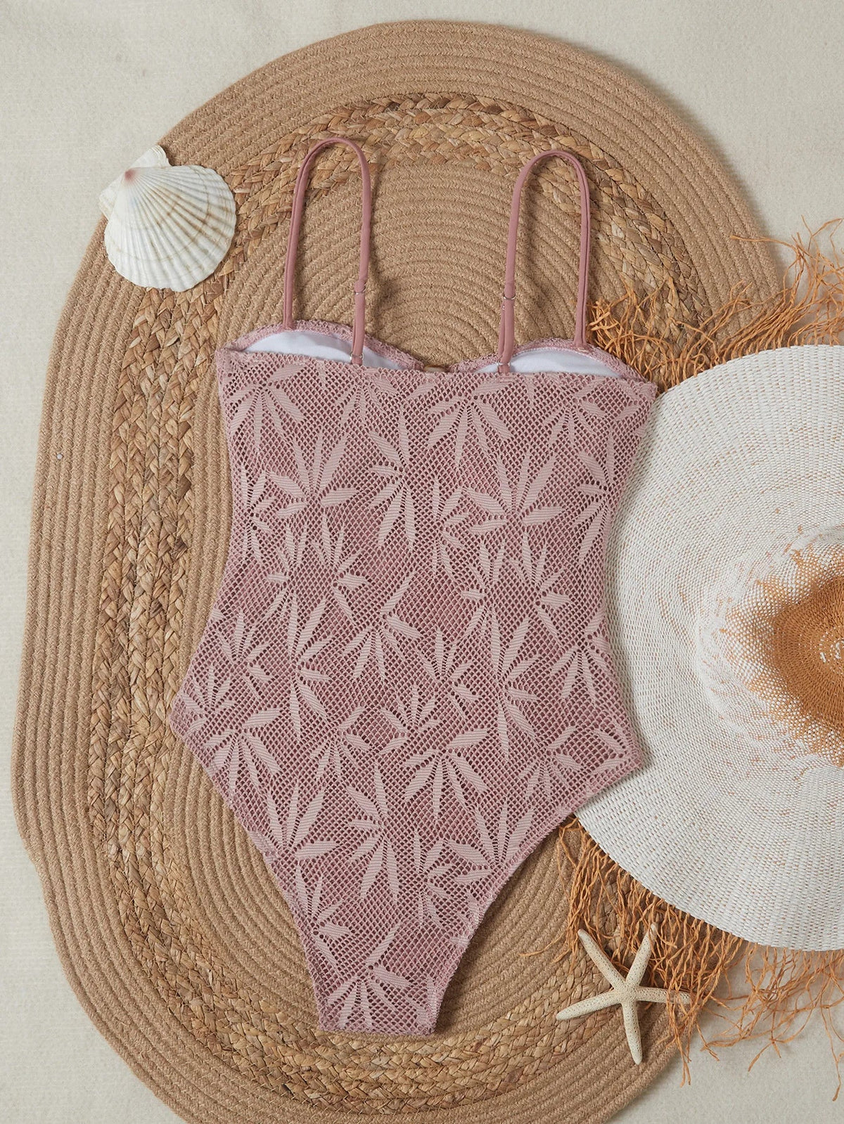 2026 Vintage Coffee Leaves Print One Piece Swimsuit Women Beaded String Hollow Out Backless Mesh Slim Fit Tummy Control Swimwear
