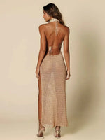 Sexy Slim Low-cut Tie Knit Halter Cut Out Circle Decoration High Slit Beach Maxi Dress 2026 Women Summer Swimsuit Cover Up K88