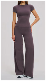 Yoga Set 2 Pieces Women Fitness Sportswear Gym Loose wide-leg pants Long-sleeved T-shirt Sports Crop Tops Tracksuit Workout Wear