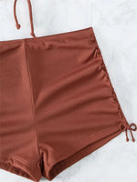 Sexy Ring Linked Pleate Bikini Set Women Brown Cut Out Push Up Two Piece Swimsuit 2024 Bathing Suit High Waist Panties Swimwear