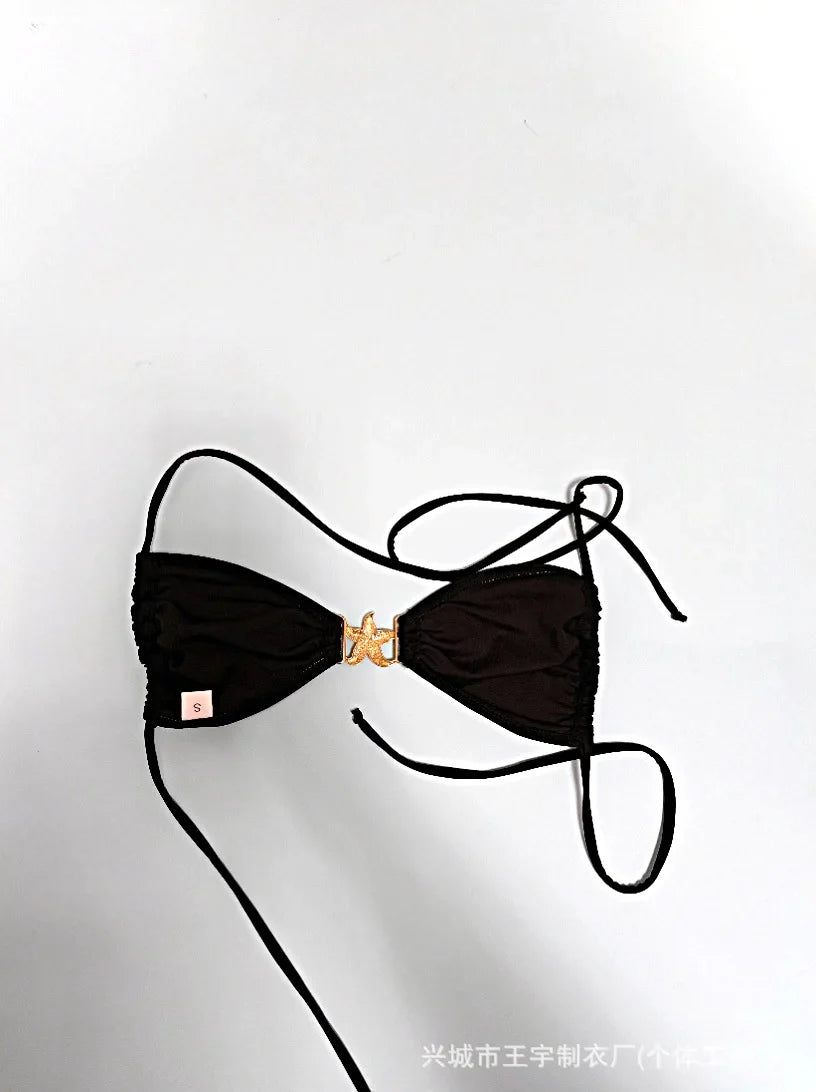 2025 Sexy Fashionable Swimsuit Women Solid Bikini Separable Backless Beach Swimming Suit Female's Black Swimwear Tankini Set