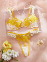 Ladies' youthful and beautiful yellow daisy summer semi transparent embroidered underwear, cute and sweet style, adjustable shou