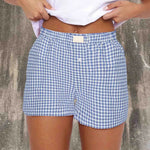 Teen Girls Plaid Shorts Elastic Waistband Pull-On Casual Lounge Summer Outfit Red Blue Color Women's Fashion
