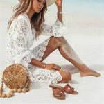 Summer Bikini Cover-ups Women Mini Dress White Lace Hollow Crochet Bathing Suit Swimsuit Tunic Sarong Wrap Beachwear