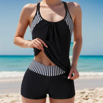 Women's Conservative Two Piece Swimsuit Black Stripe Print Patchwork Crop Top Tankini Set Beach Bathing Suit High Waist Swimwear