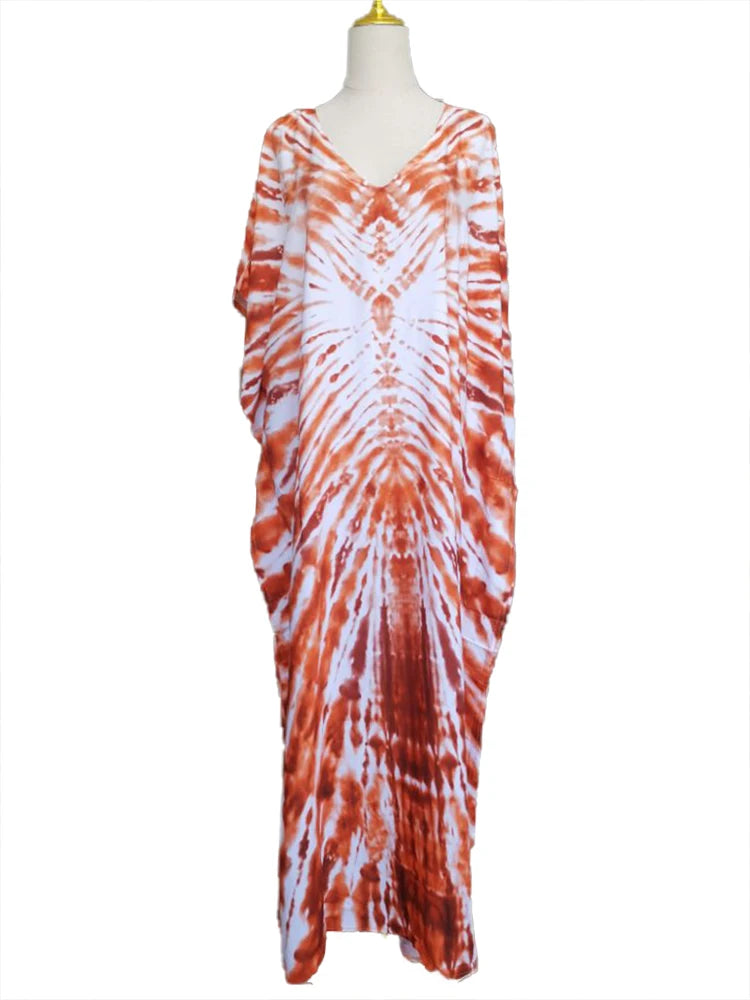 2025 Loose Boho Style Maxi Dress Print Face Swim Suit Cover-up Bohemian Dress Robe Plage Kaftan Maxi Dress Beach Wear Tunics