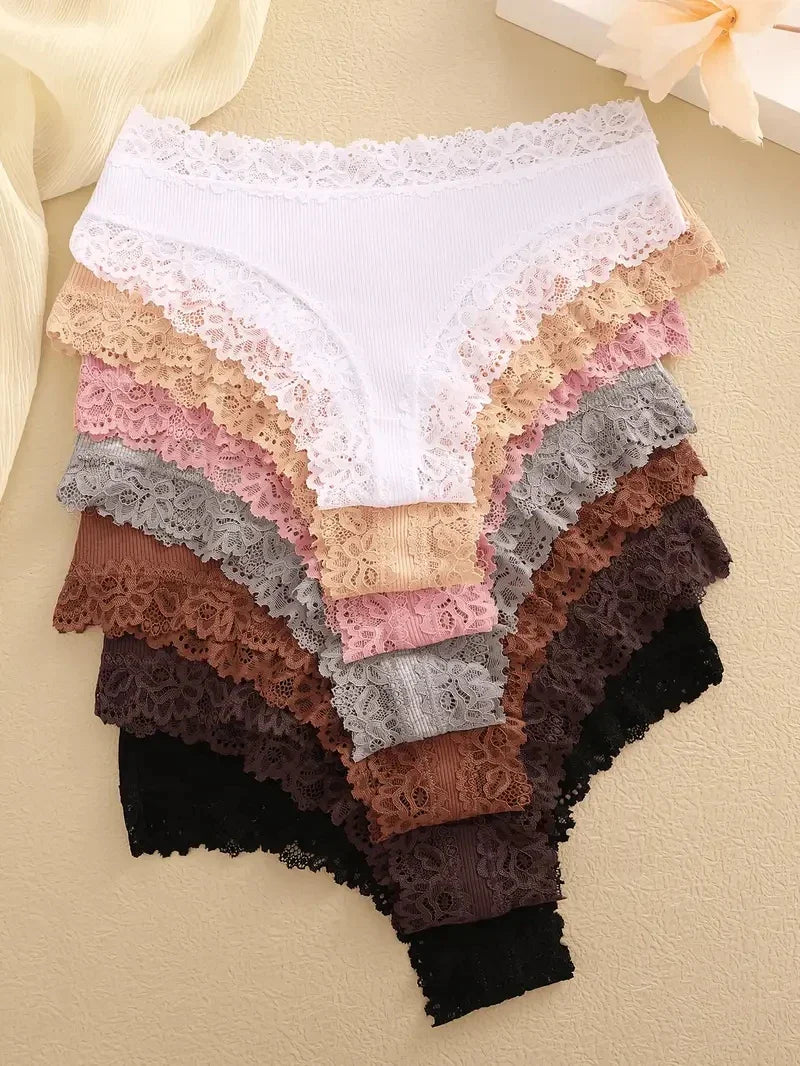 3Pcs Women Cotton Brazilian Pants Sexy Lace Brazilian Briefs Low Waist Floral Solid Color G-string Breathable Soft Lingerie