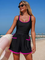 Black White Patchwork Swimwear Women 2026 Sport U Neck Pleate Pocket Tummy Control One Piece Swimsuit Beach Holiday Bathing Suit