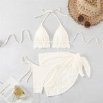 Halter String Triangle 3 Piece Bikini Set Beige Lace Mesh Sexy Swimsuit Women 2026 Cover Up Swimwear Bathing Suit Bikinis Dames