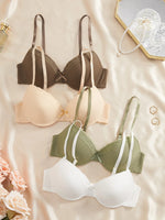 4PCS Daily Lace Trim Women's Underwear Set Bow Ribbed Push up Underwire Bra Comfortable Stylish Women's Bra
