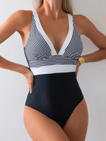 Vintage Black Striped Patchwork One Piece Swimsuit Women Deep V Neck Slim Tummy Control Swimwear Beach Backless Bathing Suits
