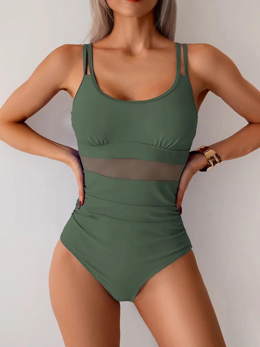 Vintage Mesh Patchwork One Piece Swimsuit Women Black Double Strap Pleate Transaprent Slim Tummy Control Swimwear 2025 Monokini