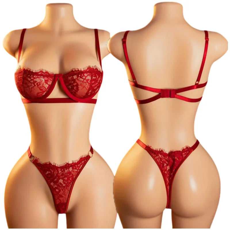 Thin Sexy Lingerie Bra SetErotic Push Up Breves Sets Woman Lace Transparent Underwear Embroidery Thong Kit Delicate Underwear