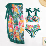 Vintage Green Leaves Print Bikini Set 2026 Women Tie Strap Push Up Underwire Long Skirt 3 Piece Swimsuit Bathing Suit Swimwear