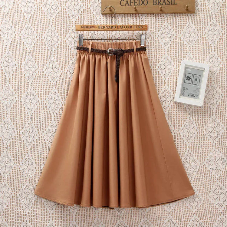 Midi Knee Length Summer Skirt Women With BeltFashion Korean Ladies High Waist Pleated A-line School Skirt Female