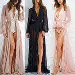 See Through Chiffon Cardigans Robes Women Bikini Cover-Ups Swimsuit Smock Long Beach Dress with Belt Sexy Bathing Suit Cover Up