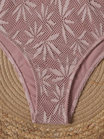 2026 Vintage Coffee Leaves Print One Piece Swimsuit Women Beaded String Hollow Out Backless Mesh Slim Fit Tummy Control Swimwear