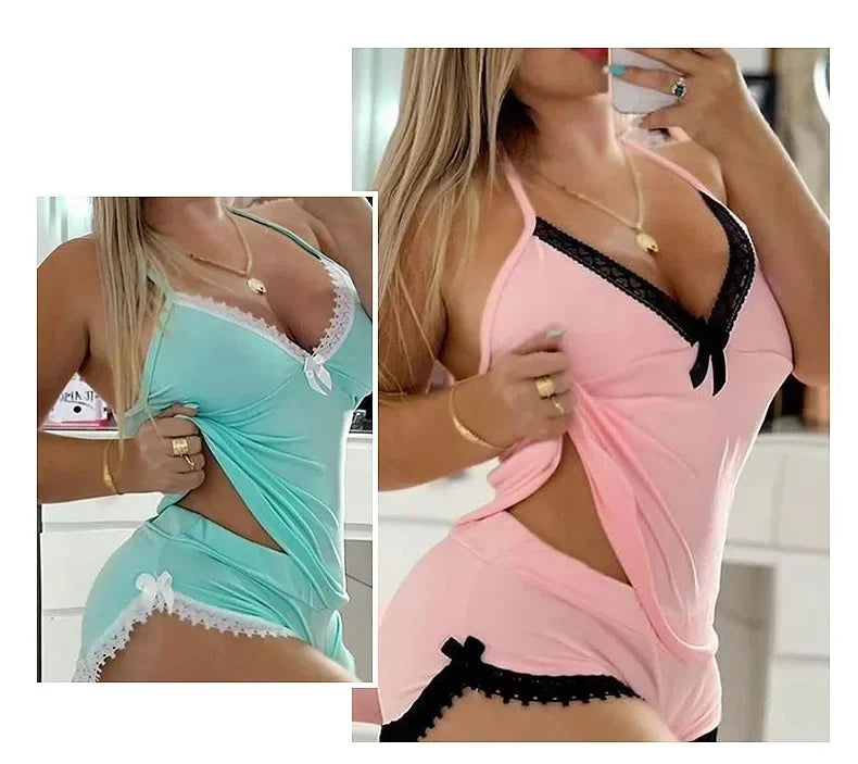 Sexy Lace TrimNightgown Set Large Size Home Wear Strap Sleepwear Two Piece Set Hot Sale