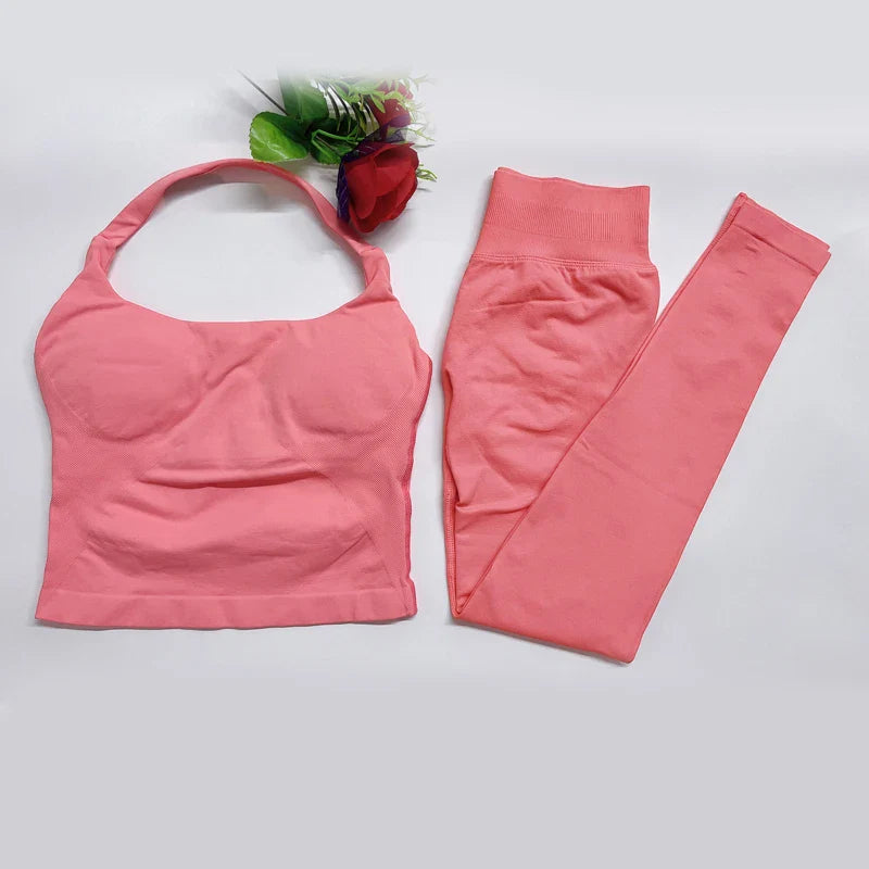Women's Halter Top And Sports Leggings Gym Workout Set Two-Piece Pilates Clothes Yoga Outfits Impact Fitness Pants Set