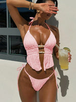 Sexy Triangle Bikini 2025 Women Summer Hollow Out Bandage Cross Crop Top Tie Side Thong Swimsuit Bathing Suit Holiday Swimwear