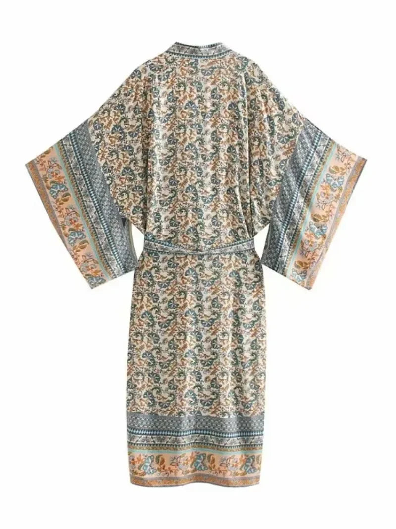 Happie Queens Women Floral Print Bat Sleeve Beach Bohemian Kimono Dress Ladies V Neck Summer Bikini Boho Cover-ups
