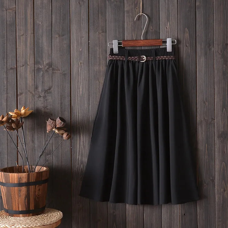Midi Knee Length Summer Skirt Women With BeltFashion Korean Ladies High Waist Pleated A-line School Skirt Female