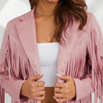 Women Spring Autumn Slim Long Sleeve Open Front Coat Solid Color Collared Jacket with Tassels Black/ Coffee/ Pink